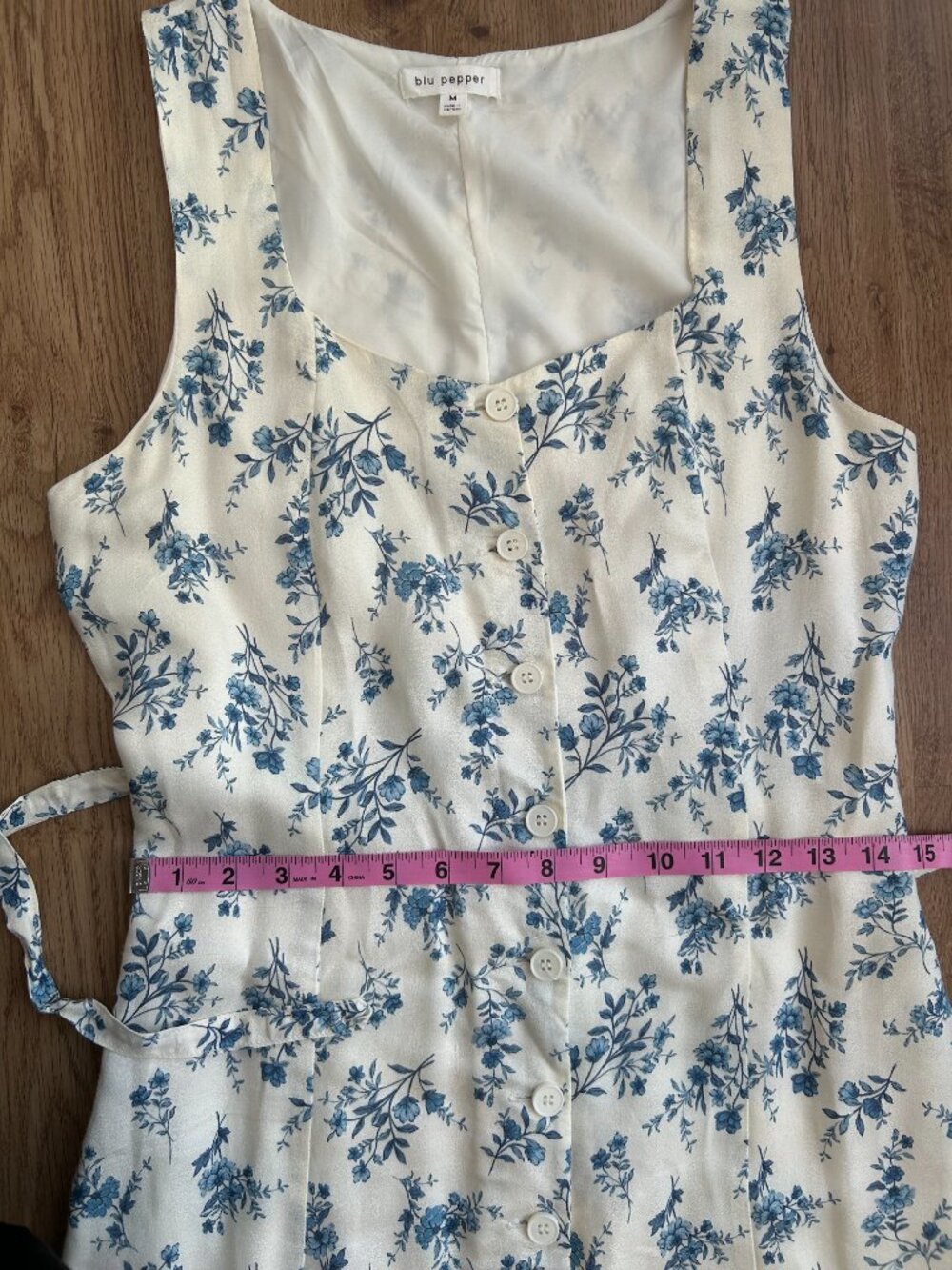 Blu Pepper Blue Floral Midi Dress Button Front Tie Waist Cottagecore Sundress M - Picture 10 of 11